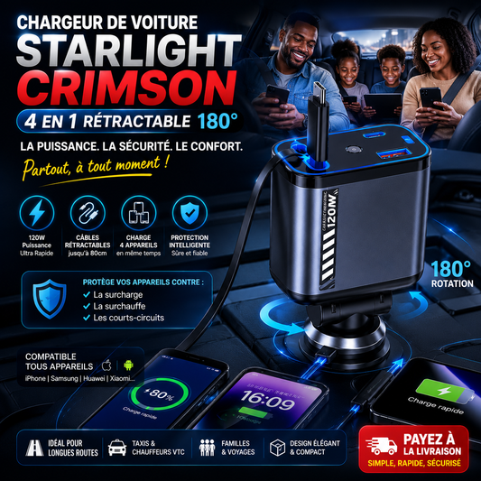 Chargeur de Voiture Starlight Crimson 4 en 1 Rétractable 180°