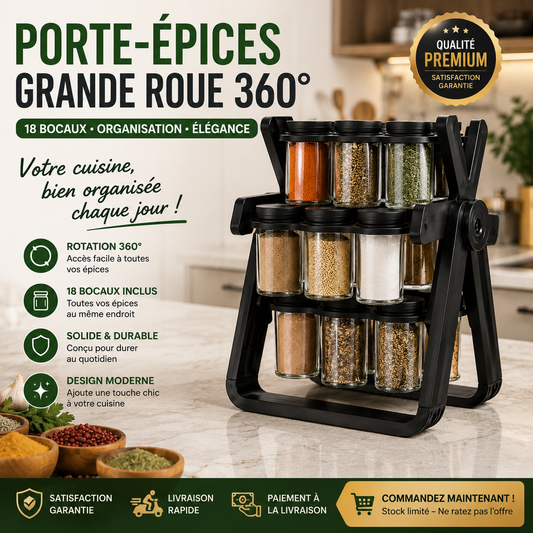 Porte-Épices Grande Roue 360° – 18 Bocaux Élégants & Pratiques